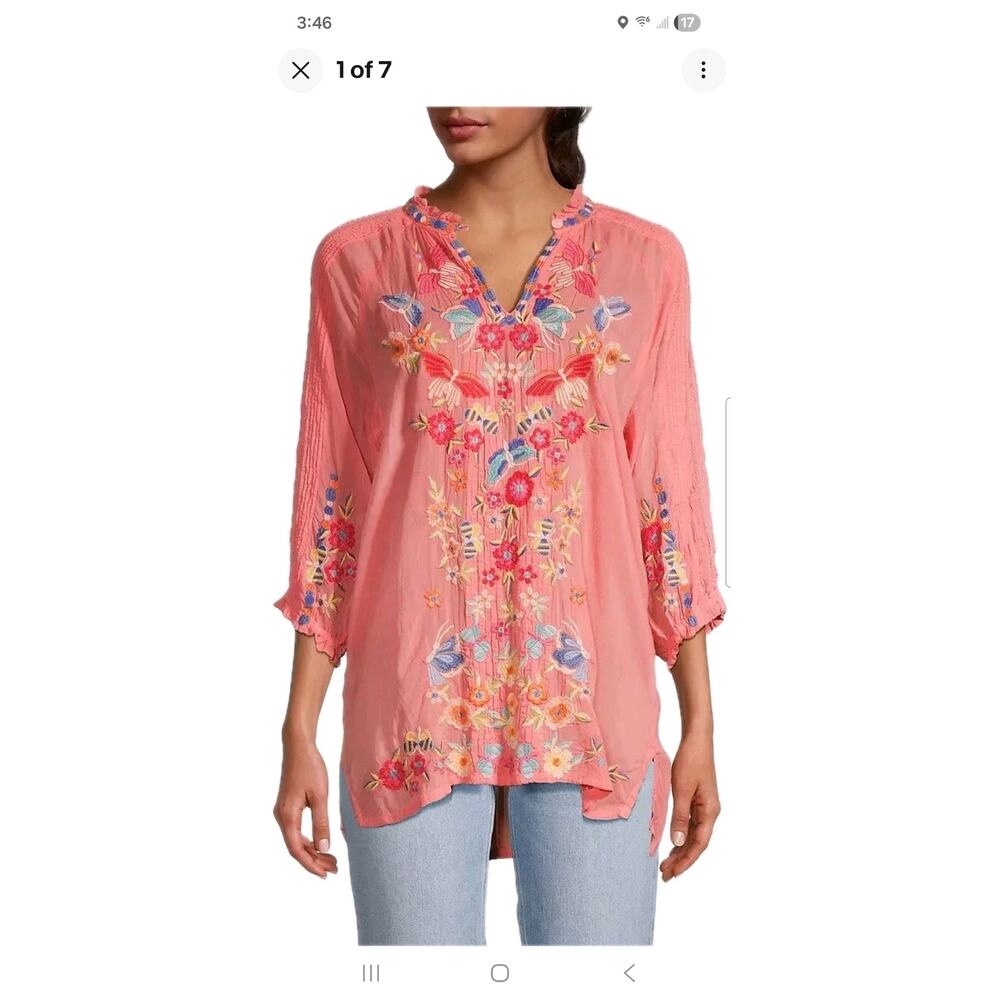 Johnny Was Leona Embroidered Tunic - Shell Pink - Size Small